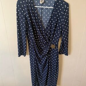 Anne Klein Navy Polka Dot Long Sleeve Dress